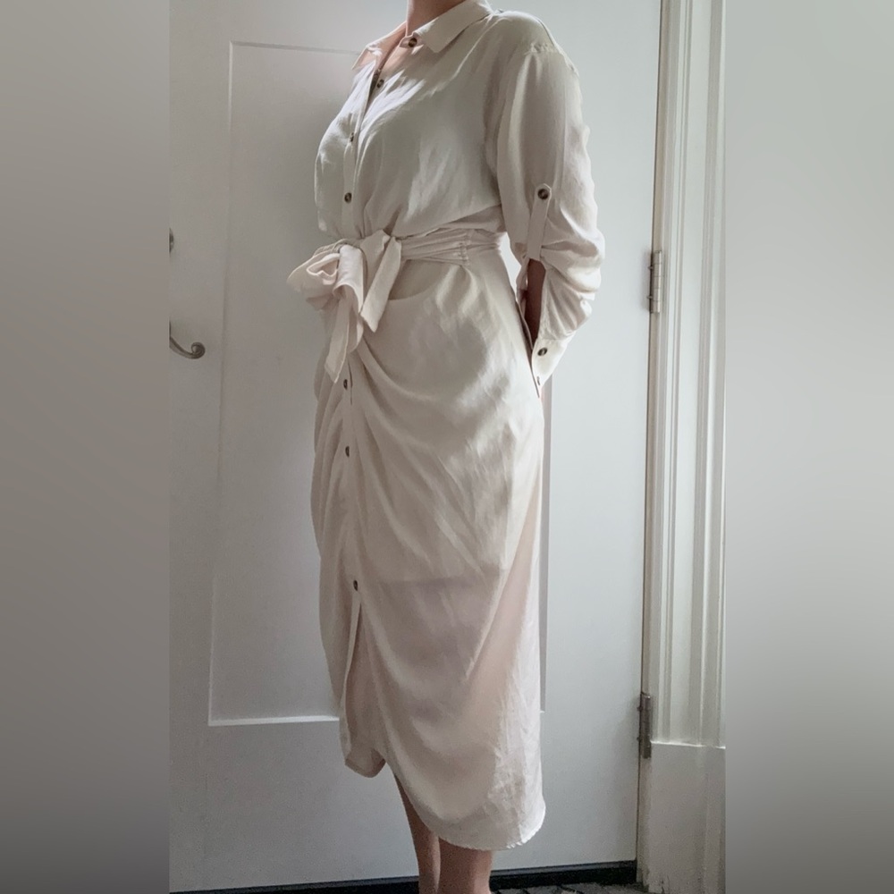 VENUS Cream Midi Wrap Dress with Tie Front